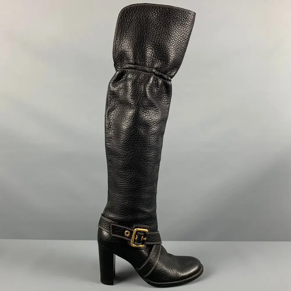 DOLCE & GABBANA Size 10 Black Leather Pebble Grain Ankle Strap Boots - Picture 2 of 7